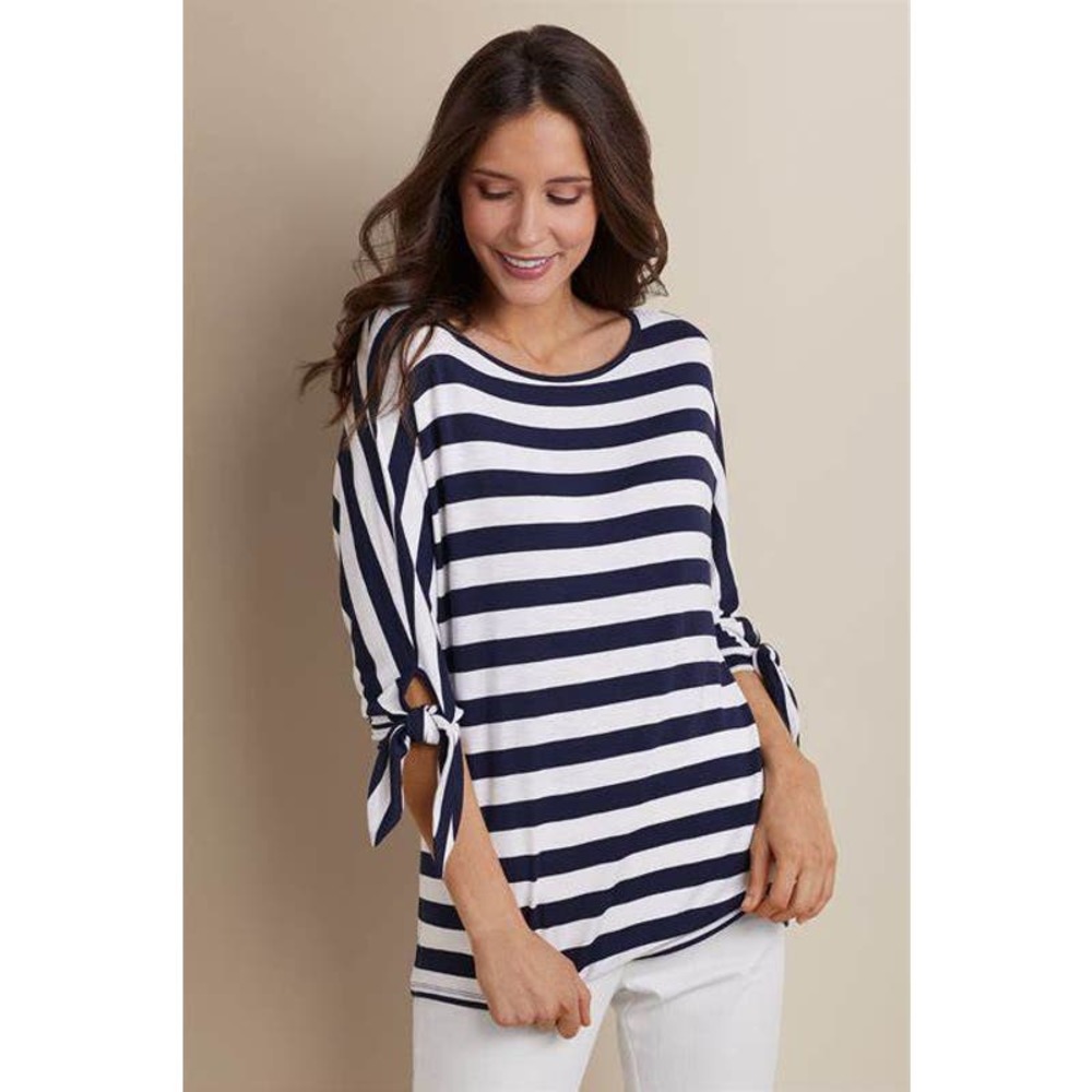 Soft Surroundings Adrift Top Striped Tee Tie Sleeve Blue White Size XSP Nautical